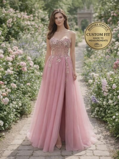 Pink Prom Dress 3D Floral Applique