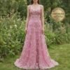 Pink Prom Dress 3D Floral Applique