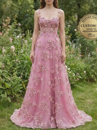 Pink Prom Dress 3D Floral Applique
