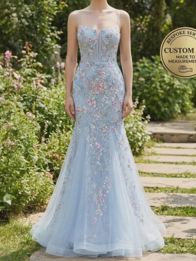 Blue Prom Dress  3D Floral Applique