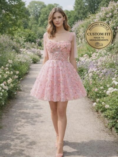 Pink Prom Dress 3D Floral Applique