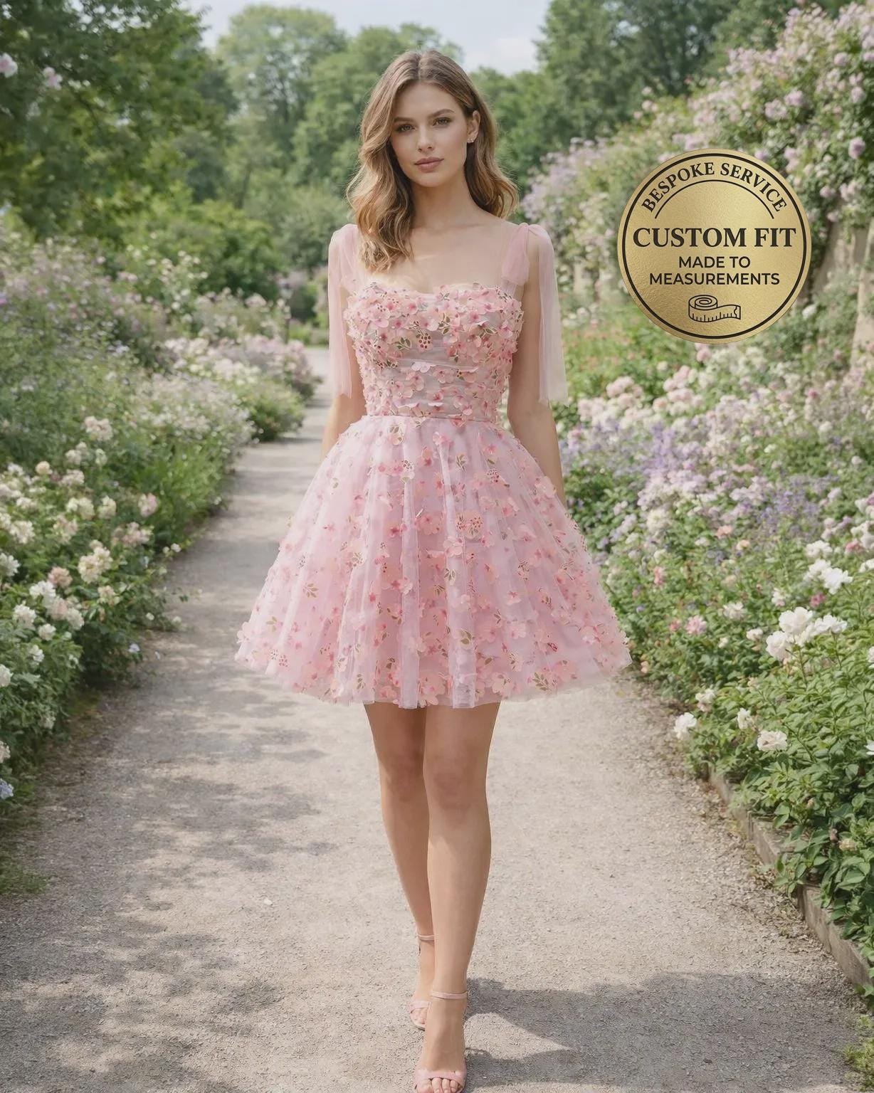 Pink Prom Dress 3D Floral Applique