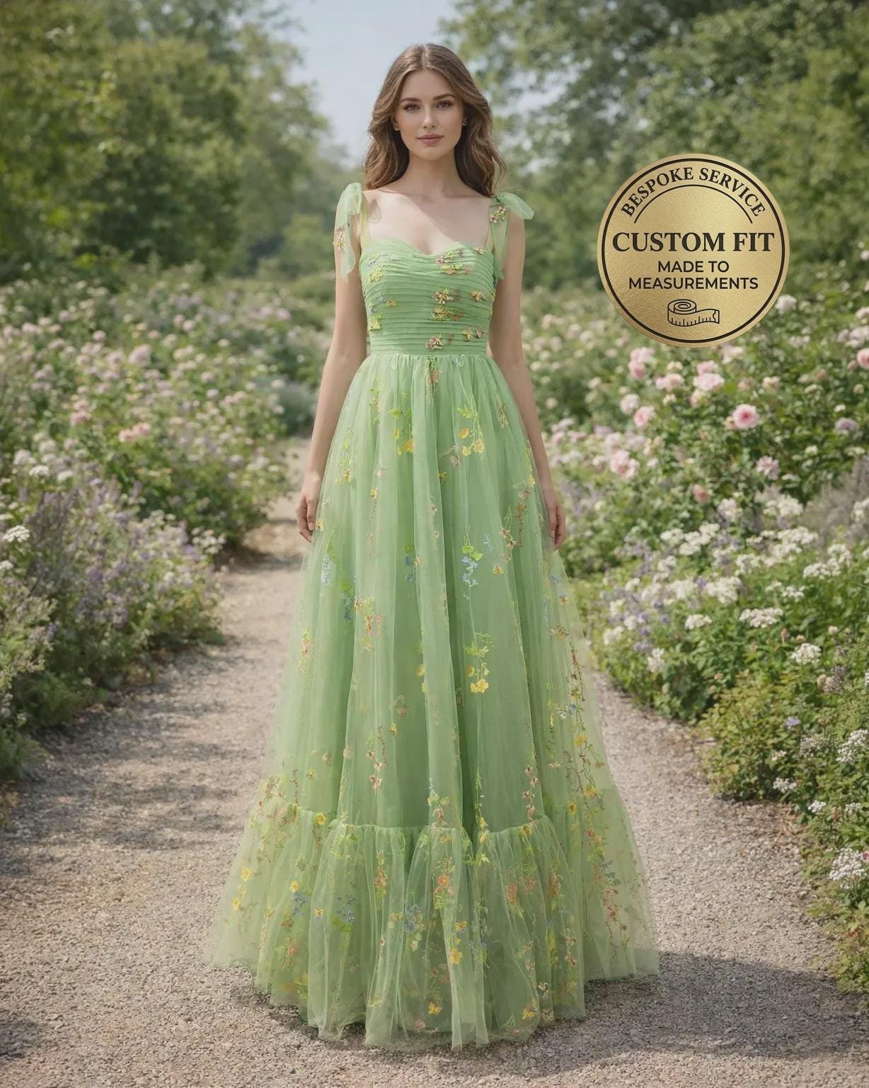 Green Prom Dress 3D Floral Applique