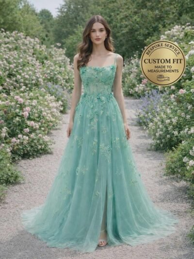 Cyan Wedding Dress 3D Floral Applique