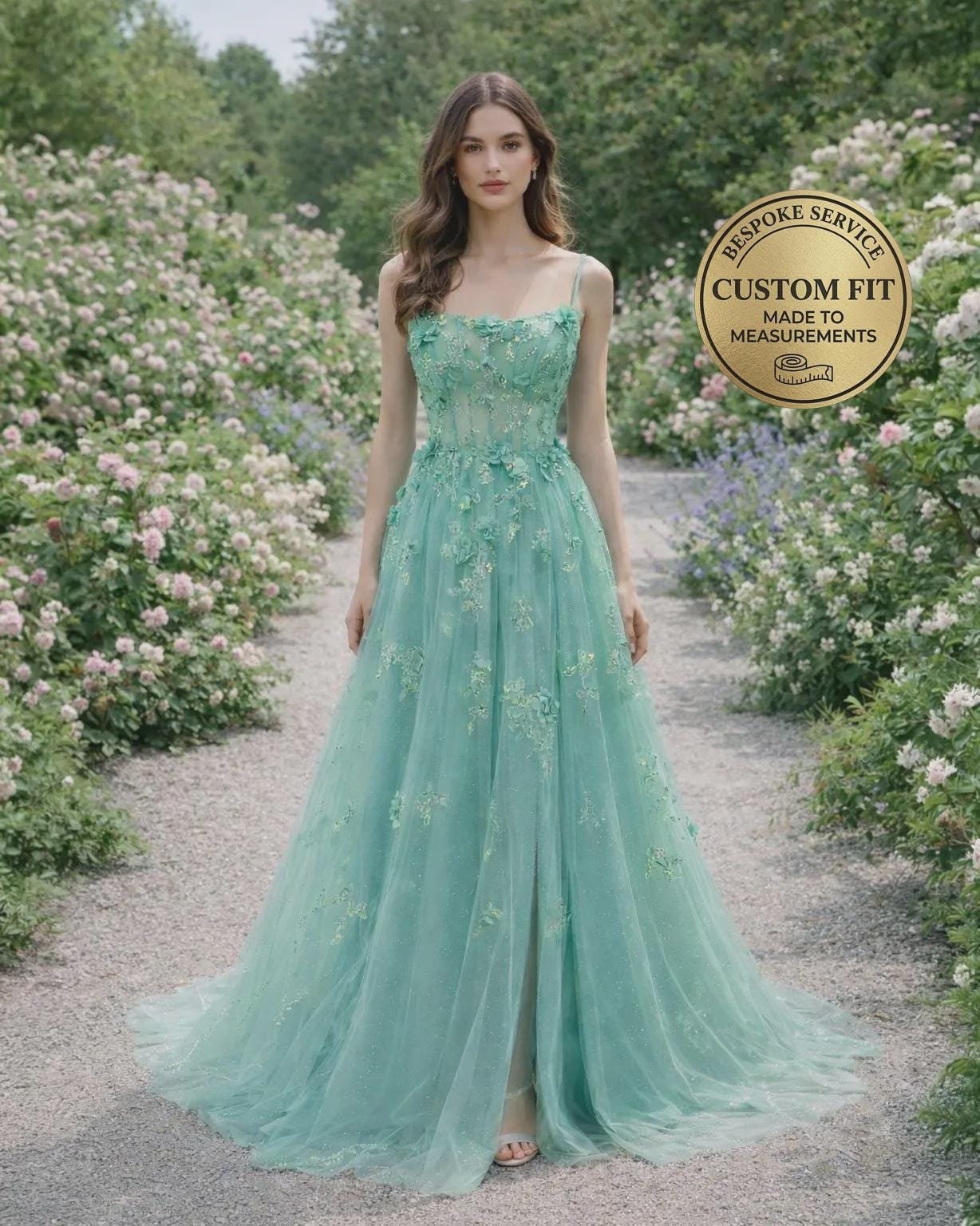 Cyan Wedding Dress 3D Floral Applique