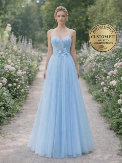 Blue Wedding Dress 3D Floral Applique