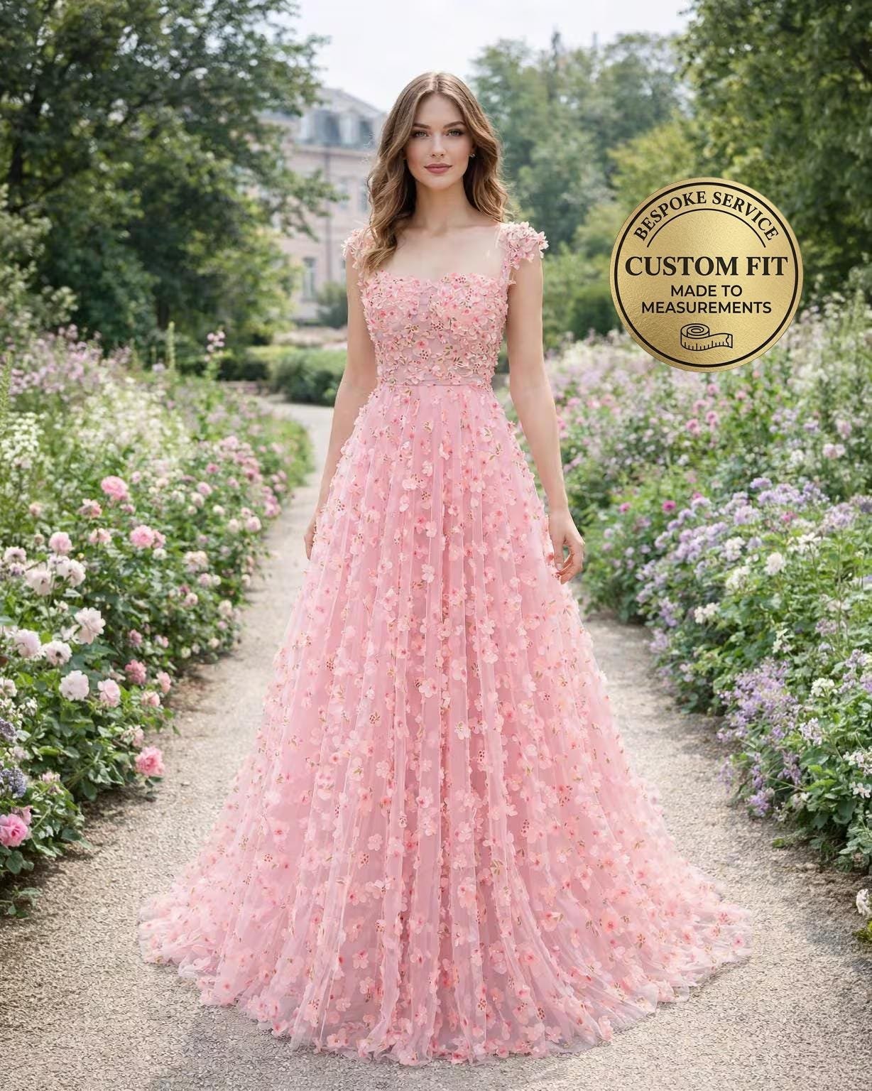 Blush Prom Dress 3D Floral Applique
