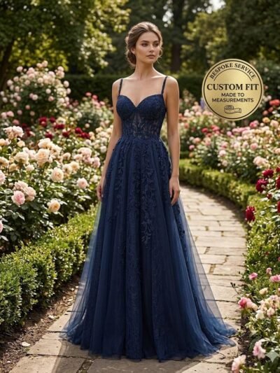 Navy Prom Dress 3D Floral Applique
