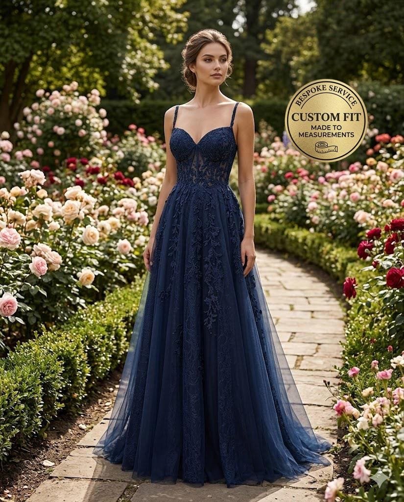 Navy Prom Dress 3D Floral Applique