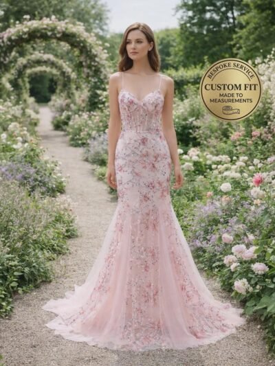 Pink Prom Dress 3D Floral Applique